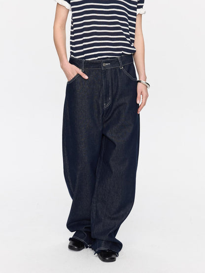 LYUOCHENG Raw Denim Frayed Hem Low Waist Loose Women&