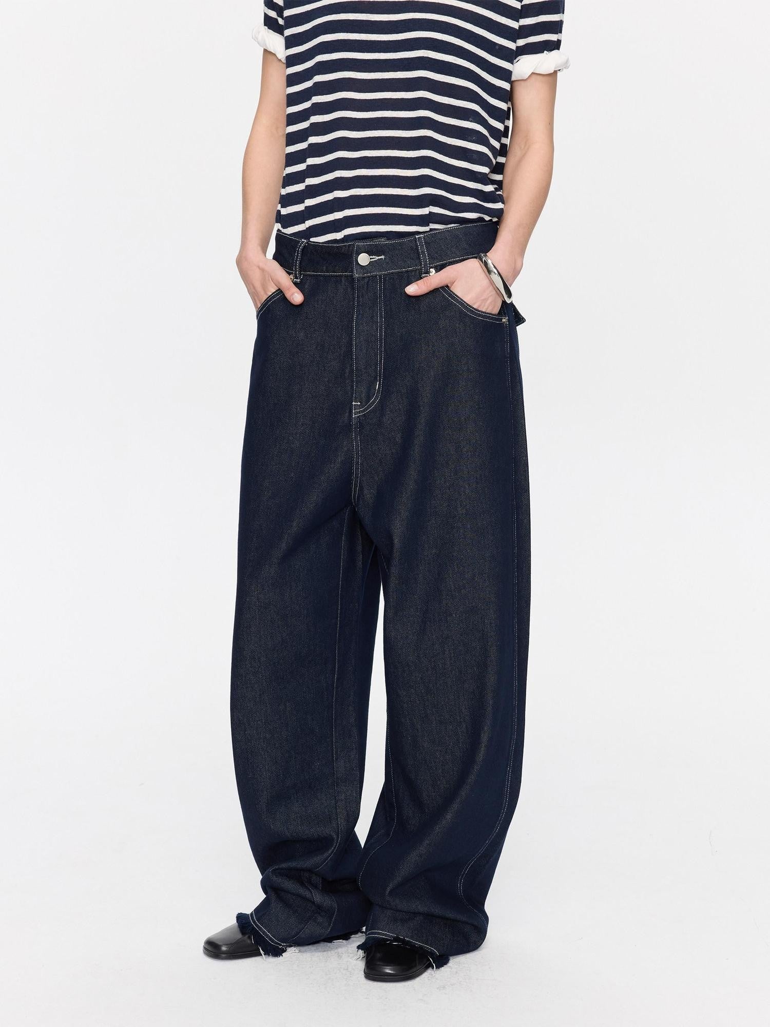 LYUOCHENG Raw Denim Frayed Hem Low Waist Loose Women&