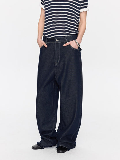 LYUOCHENG Raw Denim Frayed Hem Low Waist Loose Women&