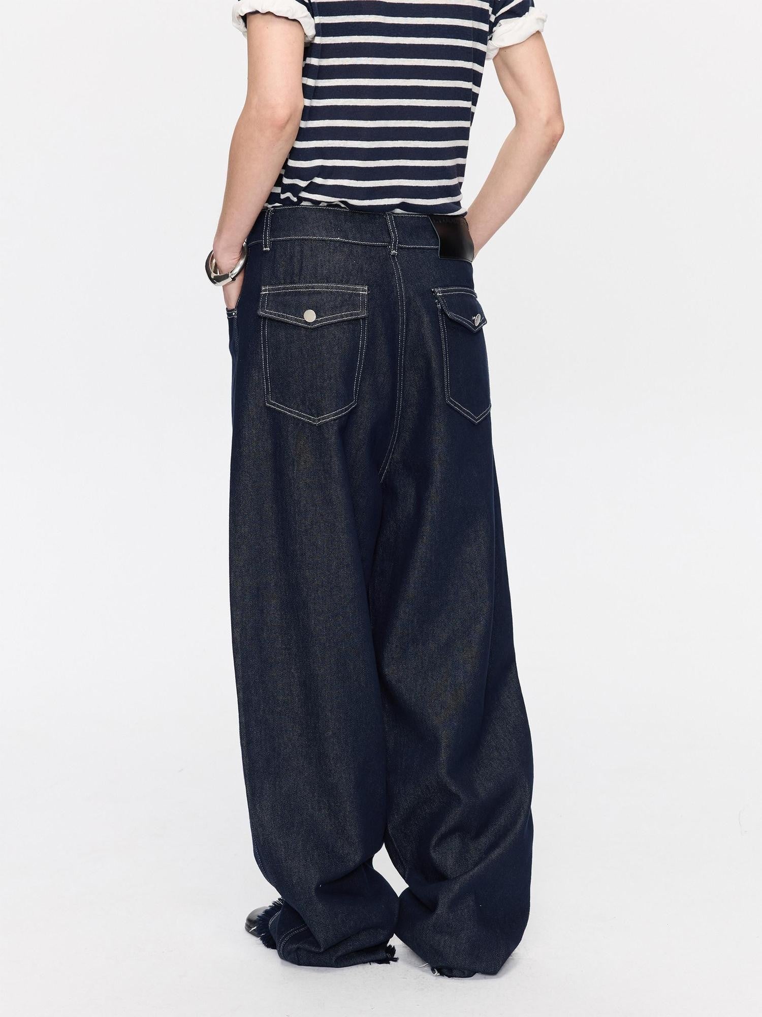 LYUOCHENG Raw Denim Frayed Hem Low Waist Loose Women&