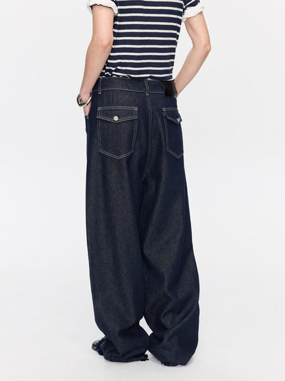 LYUOCHENG Raw Denim Frayed Hem Low Waist Loose Women&