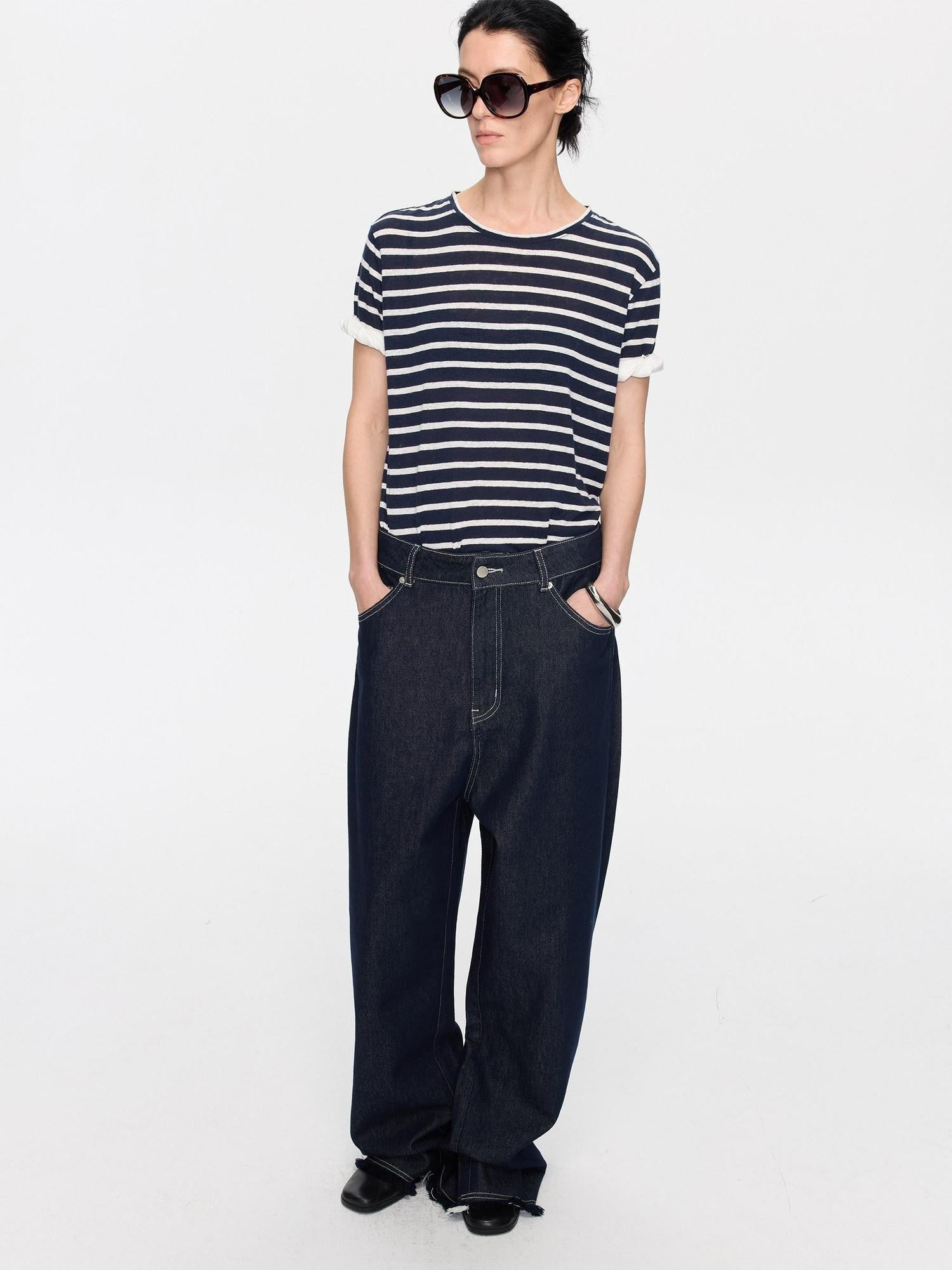 LYUOCHENG Raw Denim Frayed Hem Low Waist Loose Women&