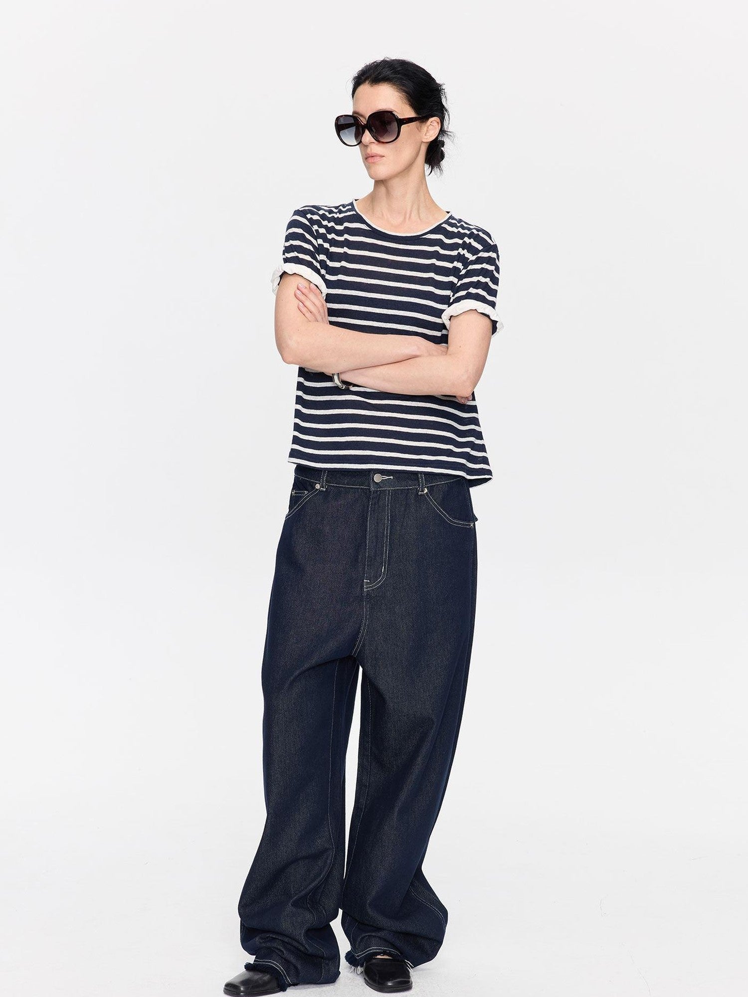 LYUOCHENG Raw Denim Frayed Hem Low Waist Loose Women&