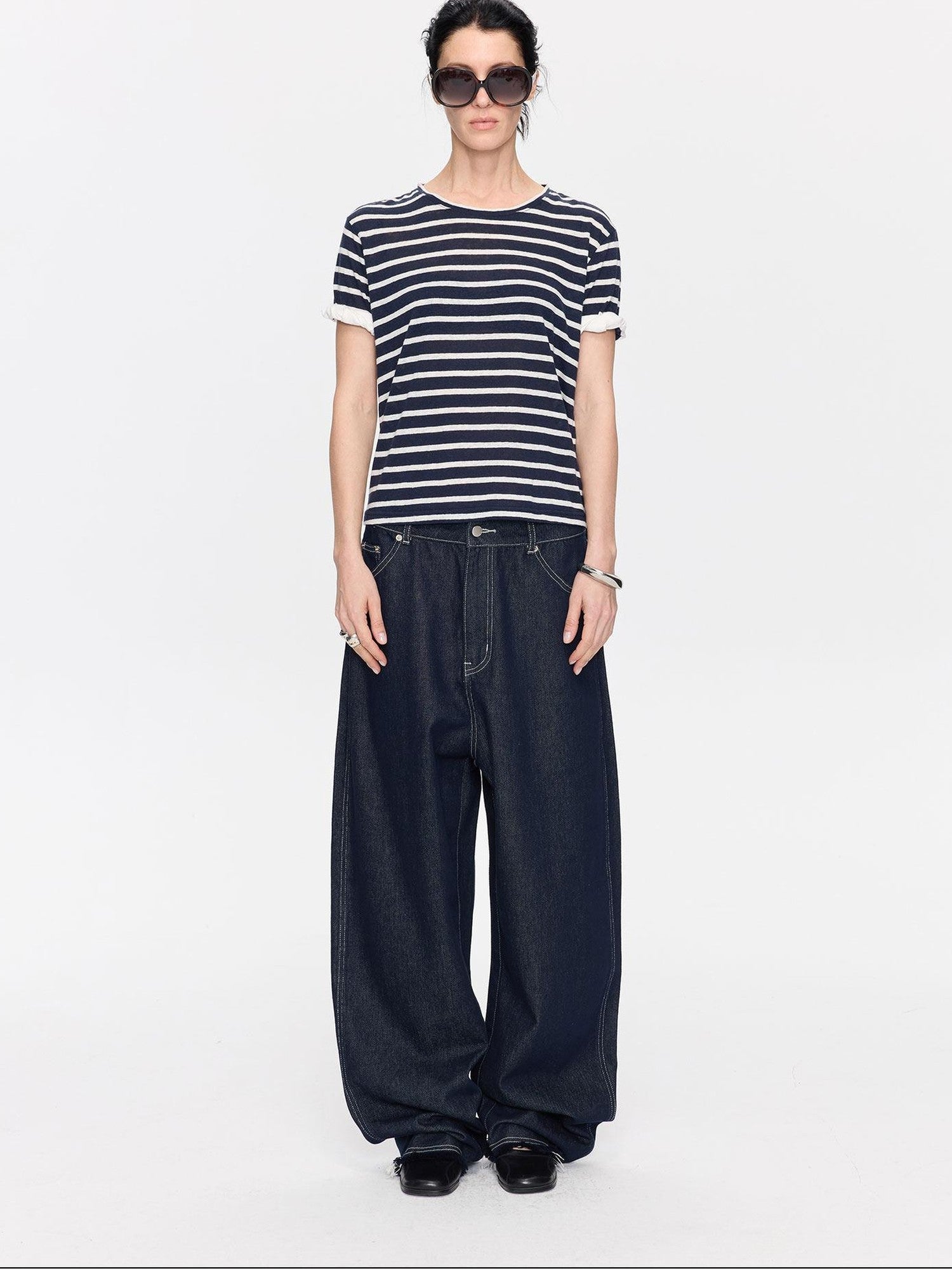 LYUOCHENG Raw Denim Frayed Hem Low Waist Loose Women&