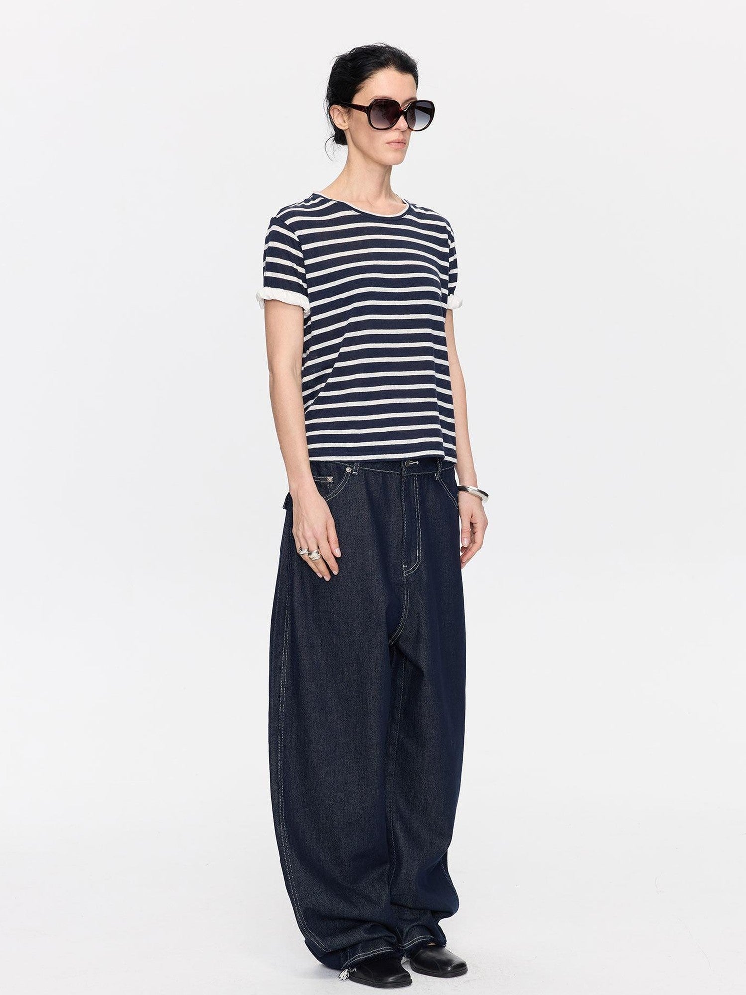 LYUOCHENG Raw Denim Frayed Hem Low Waist Loose Women&
