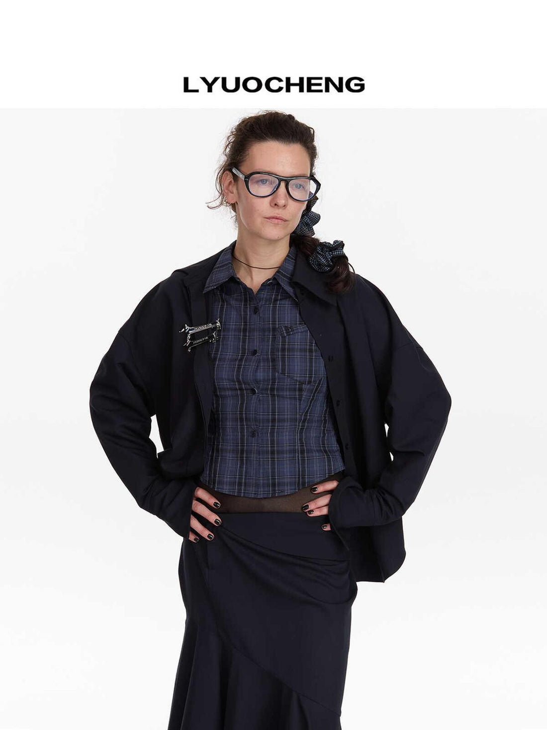 LYUOCHENG Relaxed Navy Blue Mid Length Casual Shirt