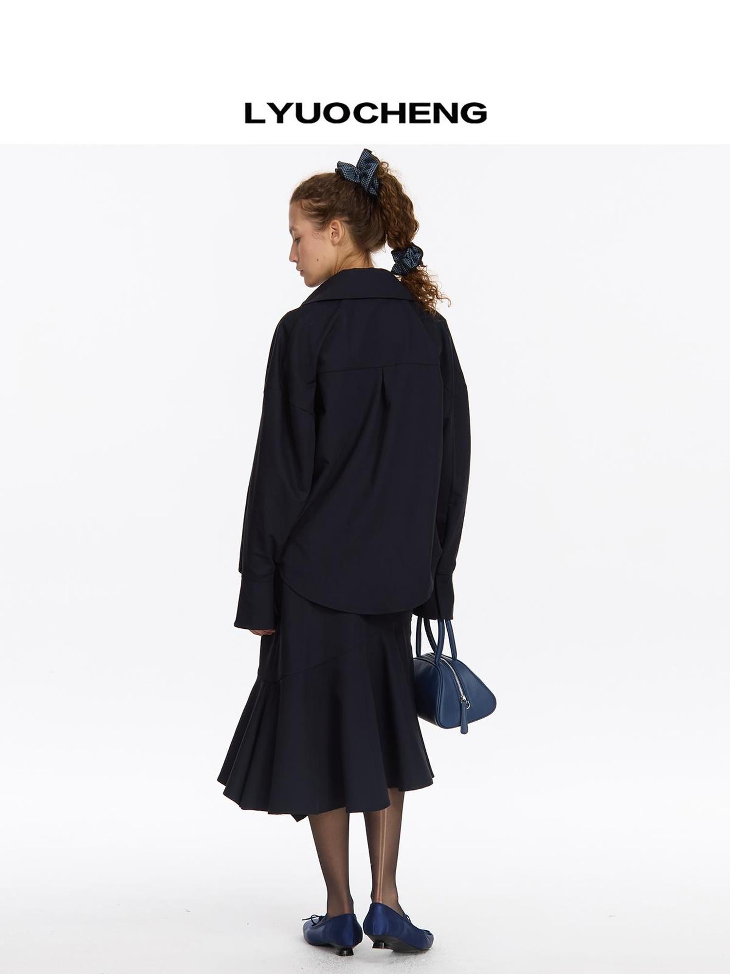 LYUOCHENG Relaxed Navy Blue Mid Length Casual Shirt