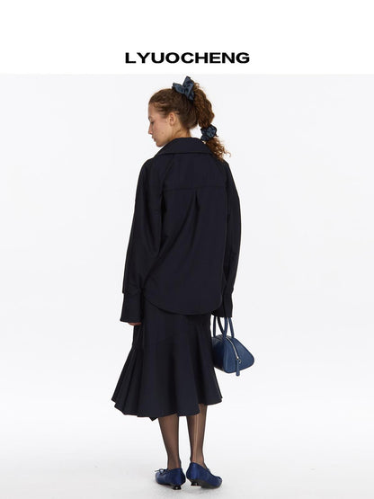 LYUOCHENG Relaxed Navy Blue Mid Length Casual Shirt