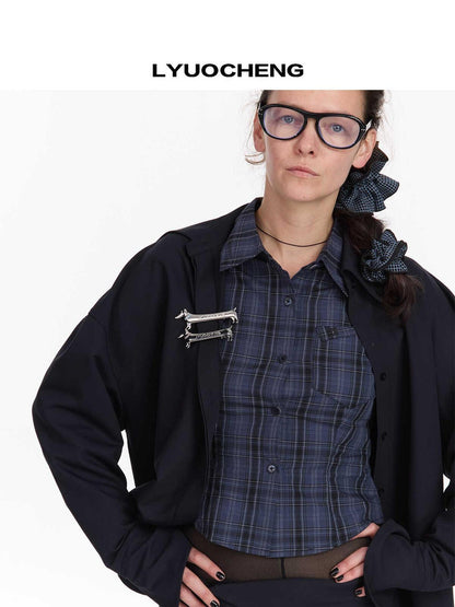 LYUOCHENG Relaxed Navy Blue Mid Length Casual Shirt
