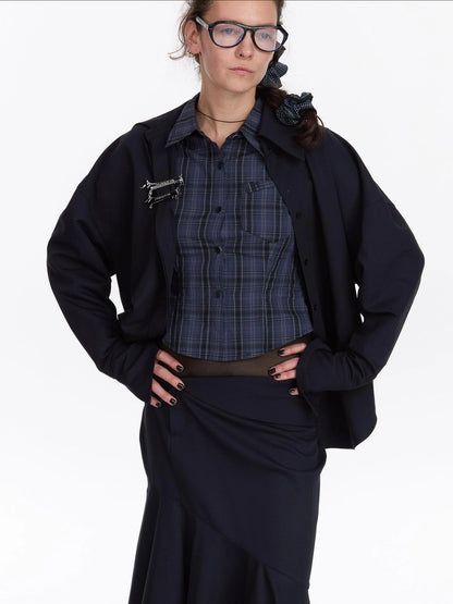LYUOCHENG Relaxed Navy Blue Mid Length Casual Shirt