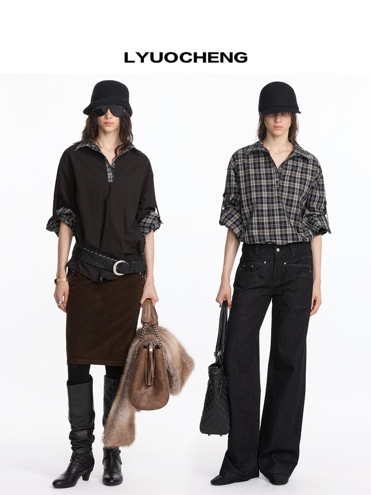LYUOCHENG Reversible Plaid Adjustable Waist Wide Long Sleeves Women&