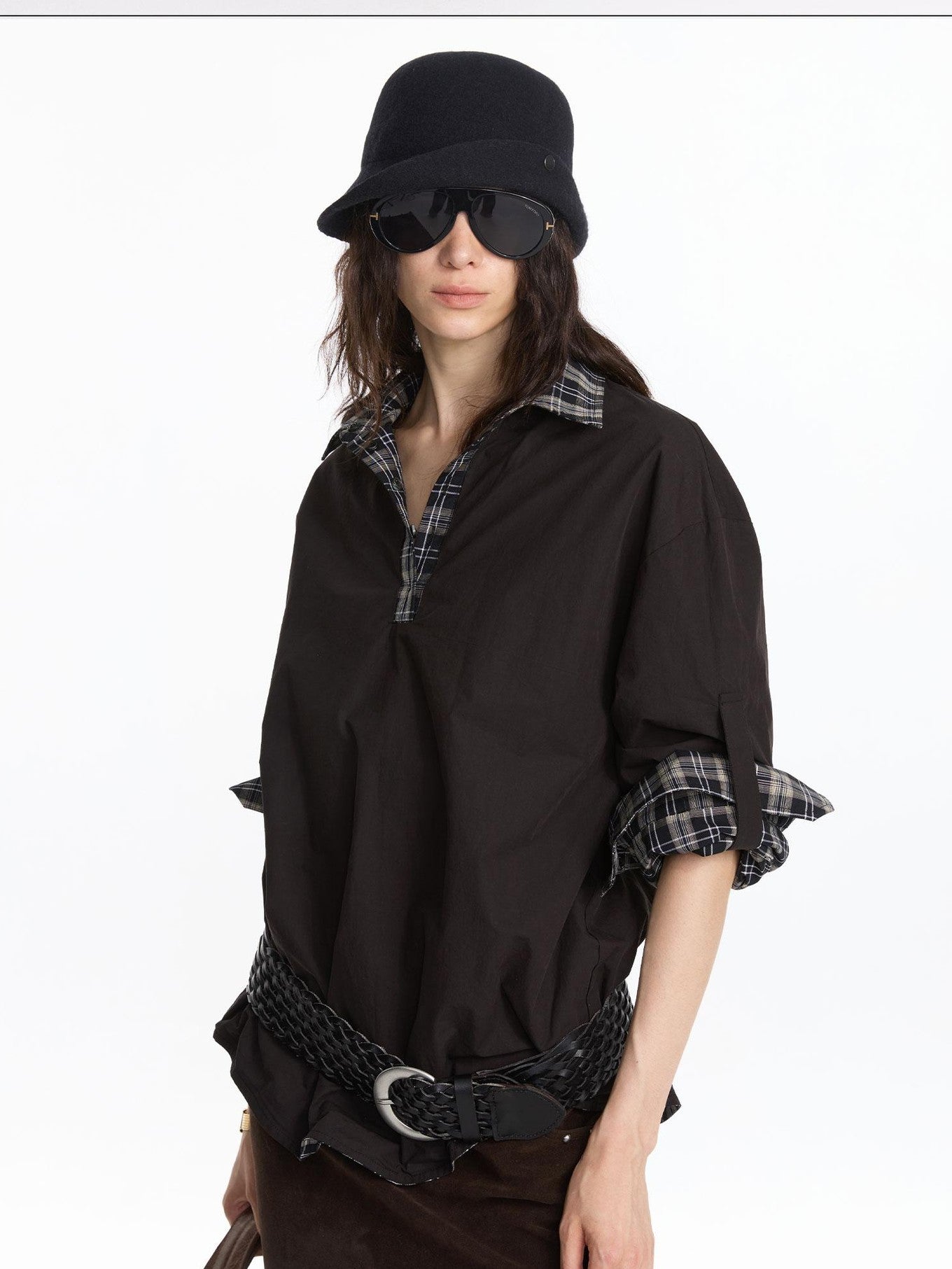 LYUOCHENG Reversible Plaid Adjustable Waist Wide Long Sleeves Women&