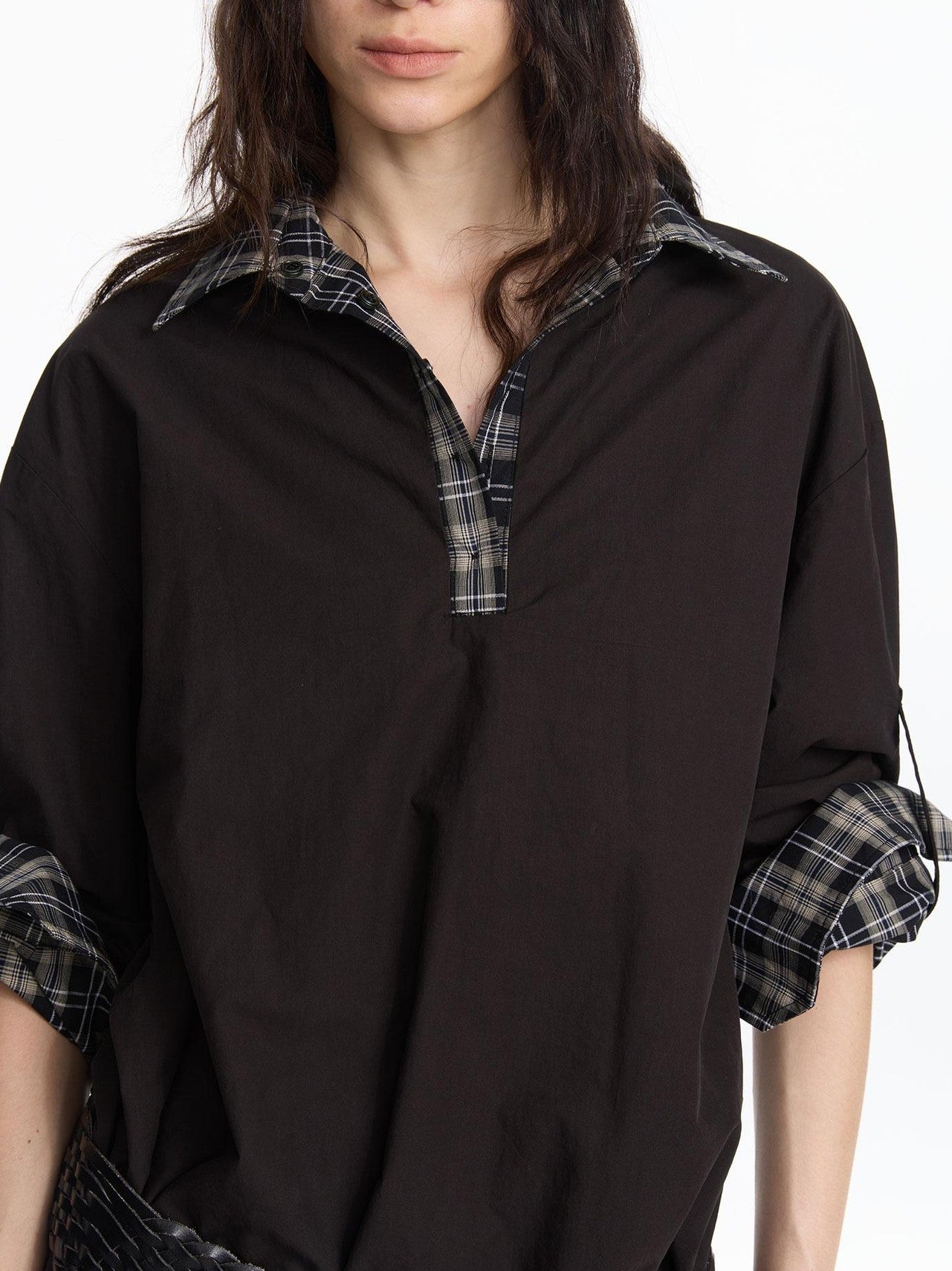 LYUOCHENG Reversible Plaid Adjustable Waist Wide Long Sleeves Women&