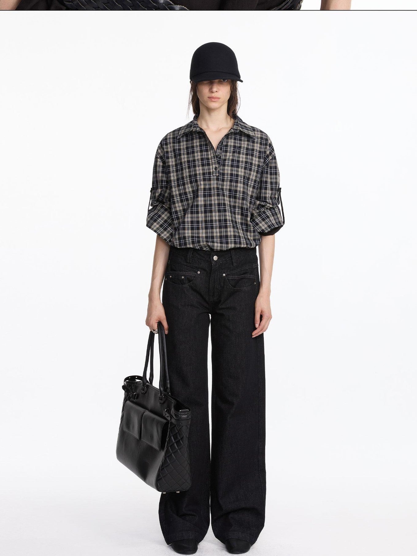 LYUOCHENG Reversible Plaid Adjustable Waist Wide Long Sleeves Women&