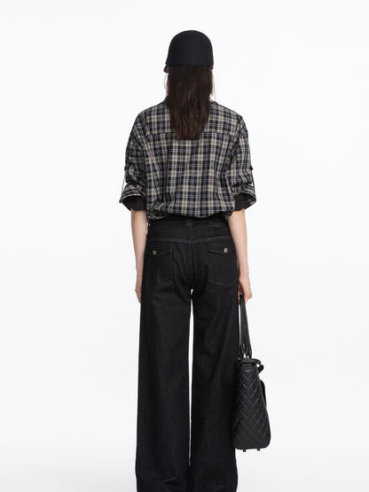 LYUOCHENG Reversible Plaid Adjustable Waist Wide Long Sleeves Women&