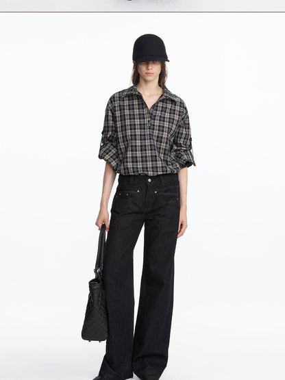 LYUOCHENG Reversible Plaid Adjustable Waist Wide Long Sleeves Women&