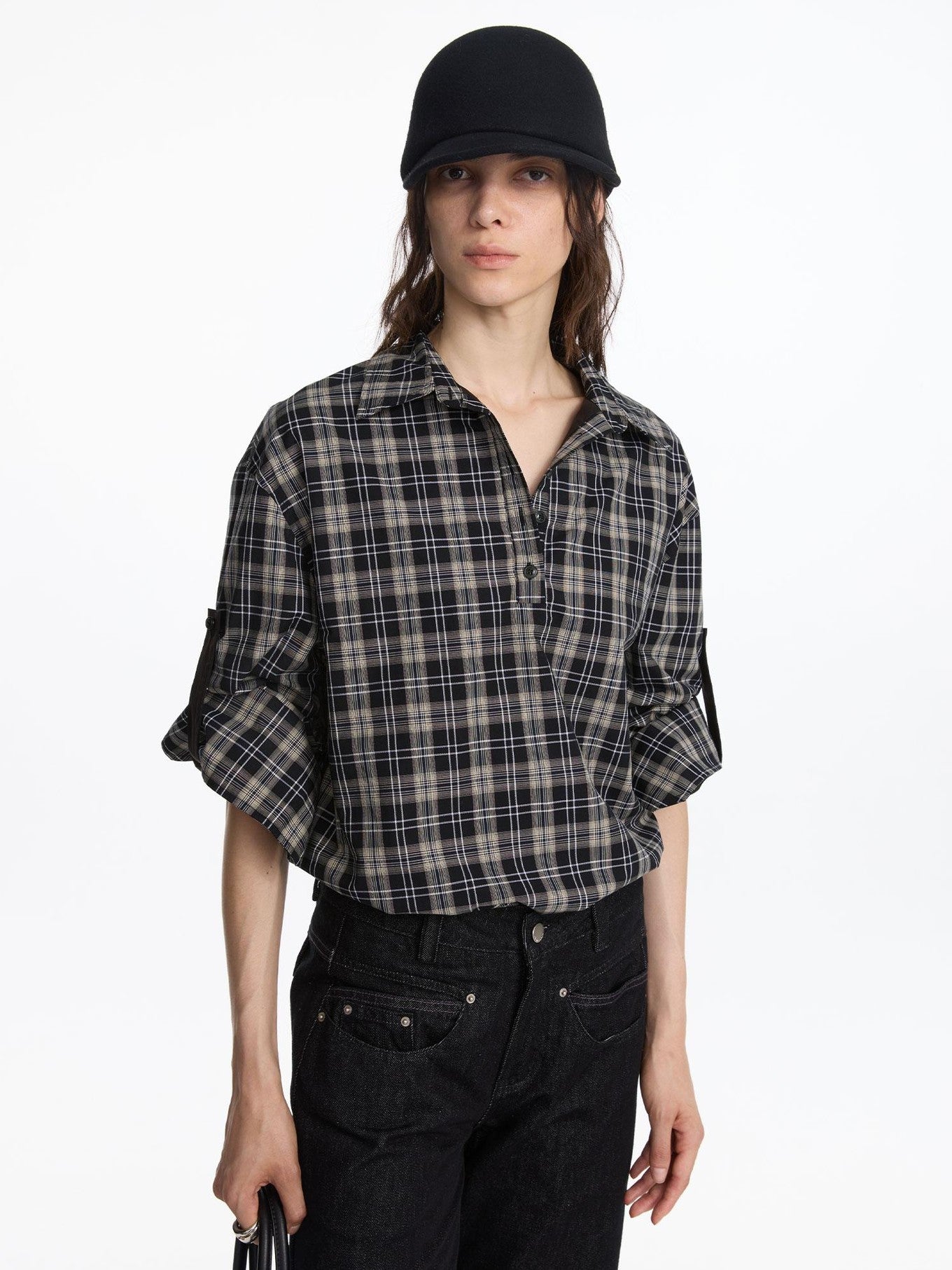LYUOCHENG Reversible Plaid Adjustable Waist Wide Long Sleeves Women&