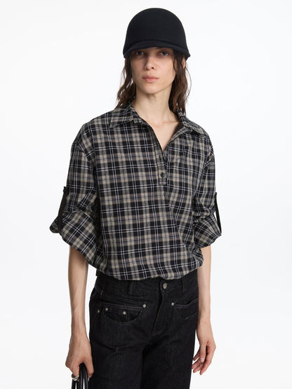LYUOCHENG Reversible Plaid Adjustable Waist Wide Long Sleeves Women&