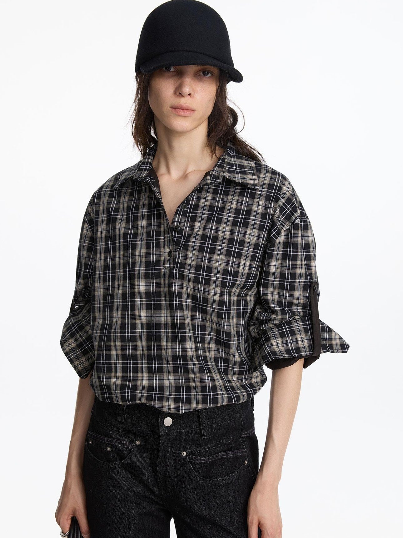 LYUOCHENG Reversible Plaid Adjustable Waist Wide Long Sleeves Women&