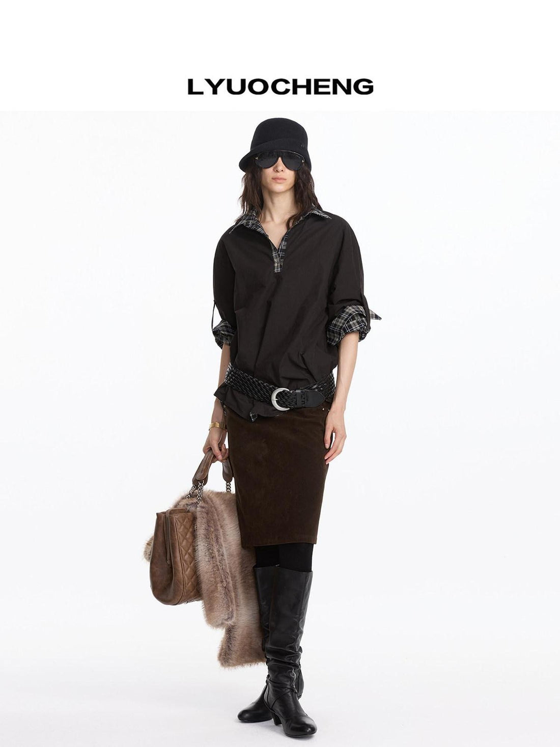 LYUOCHENG Reversible Plaid Adjustable Waist Wide Long Sleeves Women&