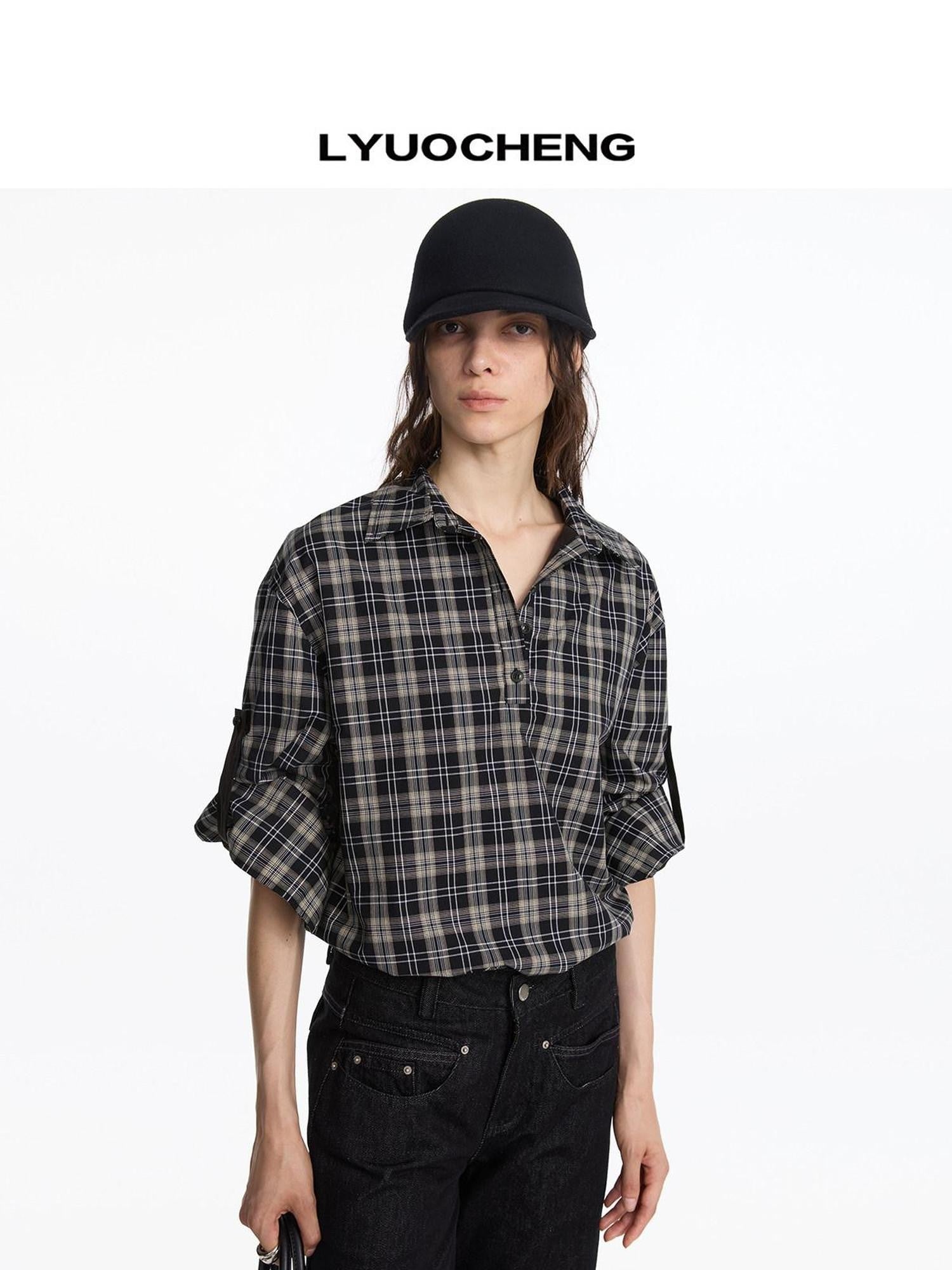 LYUOCHENG Reversible Plaid Adjustable Waist Wide Long Sleeves Women&