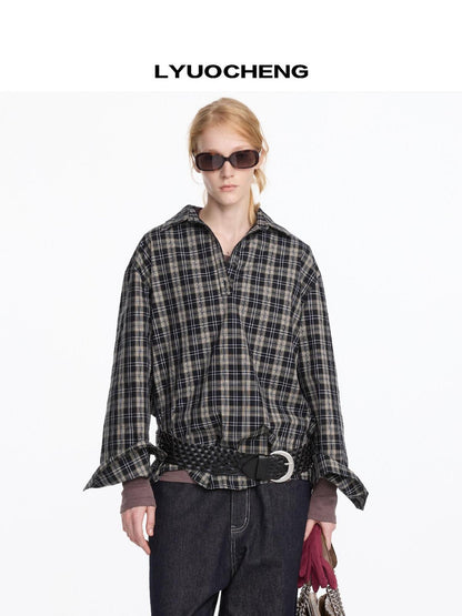 LYUOCHENG Reversible Plaid Adjustable Waist Wide Long Sleeves Women&