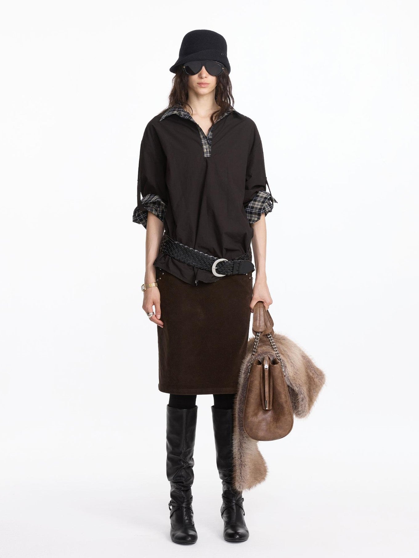 LYUOCHENG Reversible Plaid Adjustable Waist Wide Long Sleeves Women&