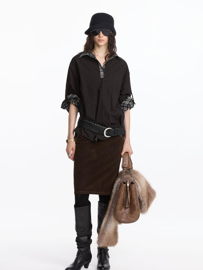 LYUOCHENG Reversible Plaid Adjustable Waist Wide Long Sleeves Women&