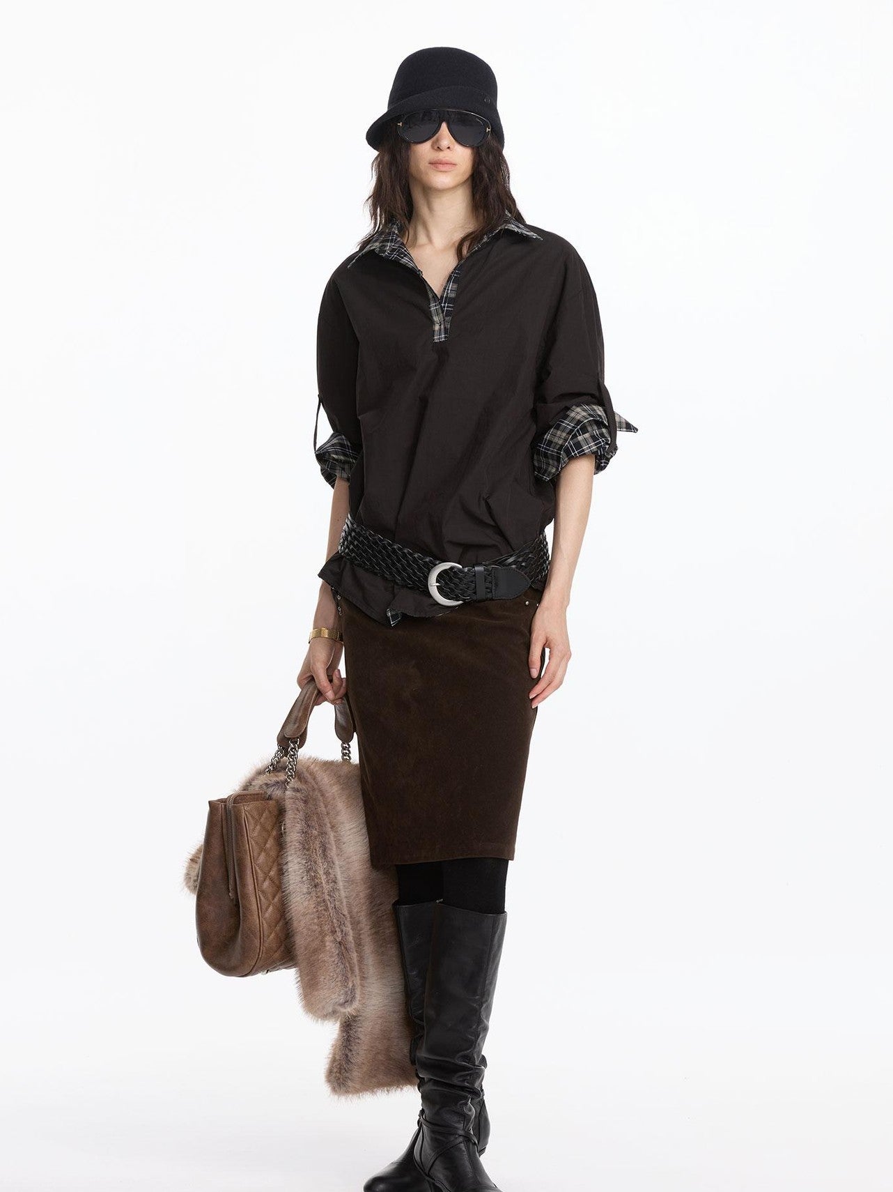 LYUOCHENG Reversible Plaid Adjustable Waist Wide Long Sleeves Women&