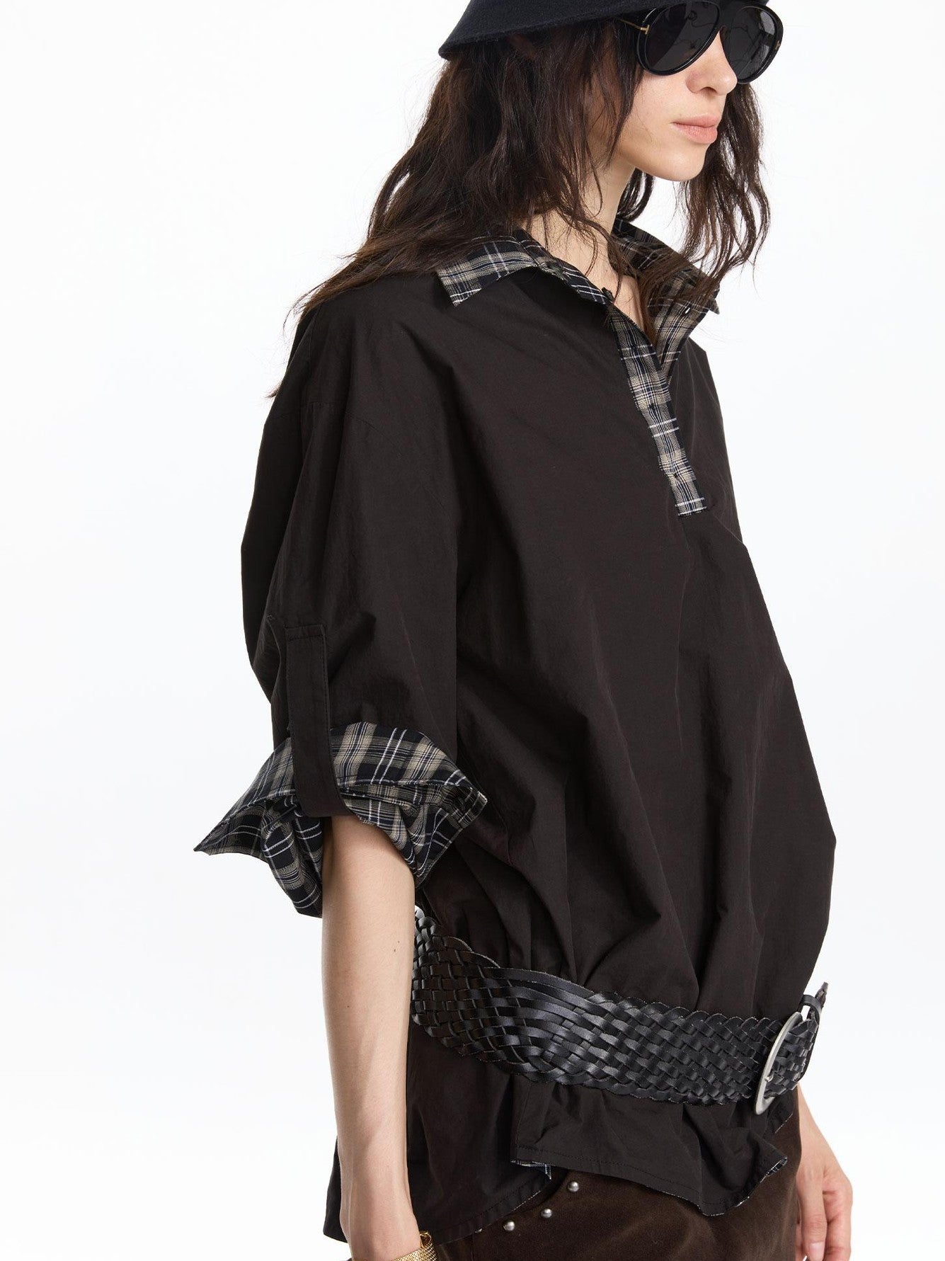 LYUOCHENG Reversible Plaid Adjustable Waist Wide Long Sleeves Women&