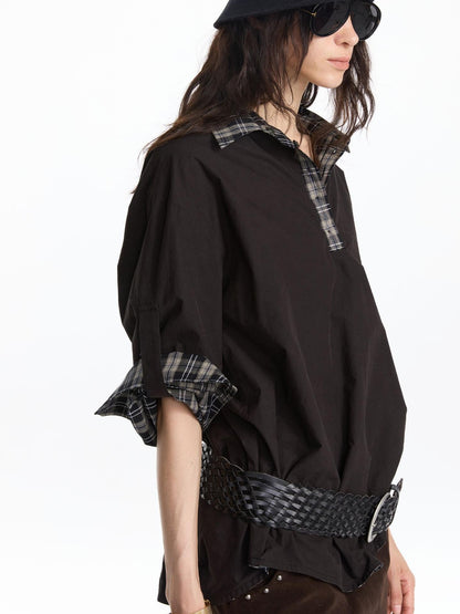 LYUOCHENG Reversible Plaid Adjustable Waist Wide Long Sleeves Women&