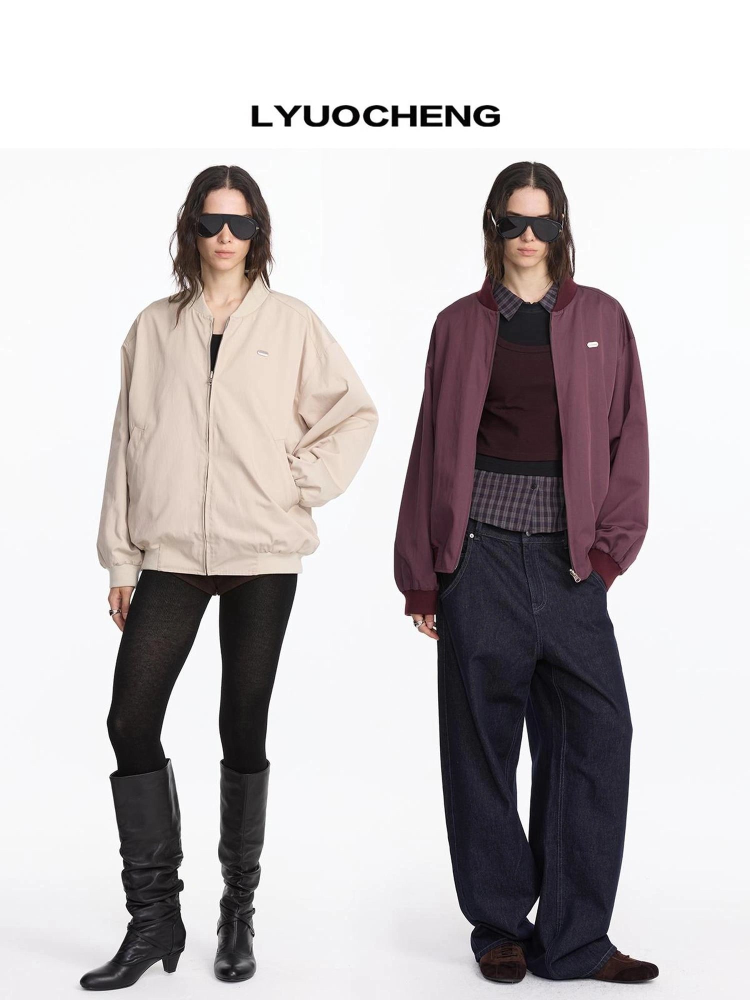LYUOCHENG Reversible Plaid Baseball Jacket In Khaki And Purple