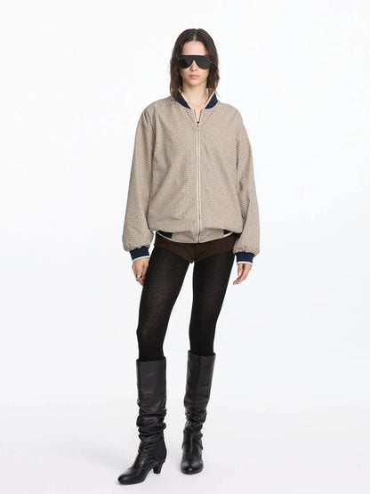 LYUOCHENG Reversible Plaid Baseball Jacket In Khaki And Purple