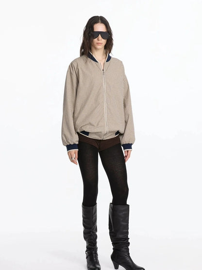 LYUOCHENG Reversible Plaid Baseball Jacket In Khaki And Purple