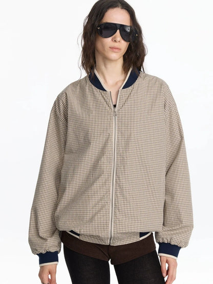 LYUOCHENG Reversible Plaid Baseball Jacket In Khaki And Purple