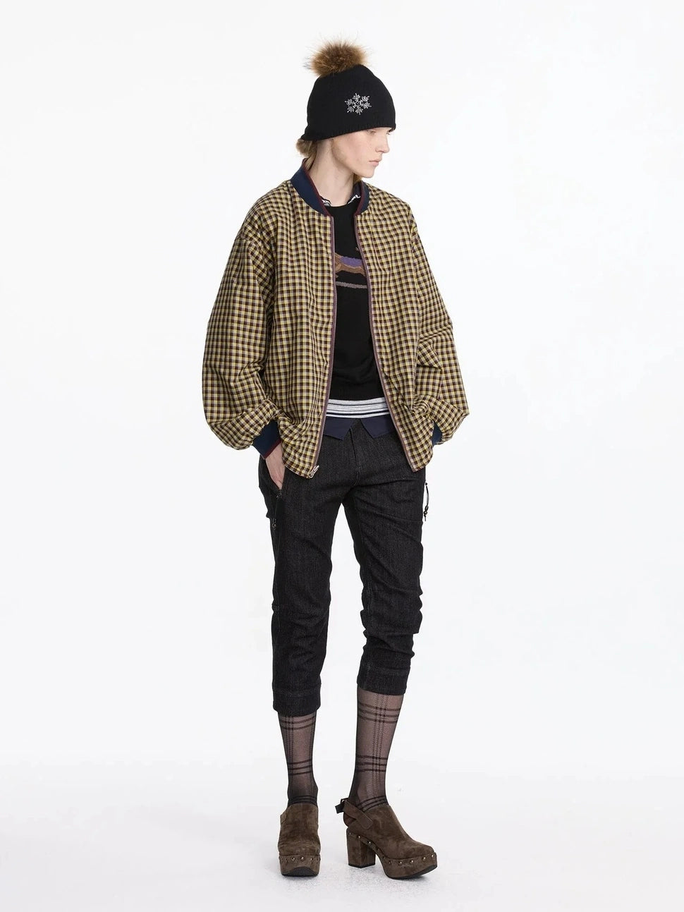 LYUOCHENG Reversible Plaid Baseball Jacket In Khaki And Purple