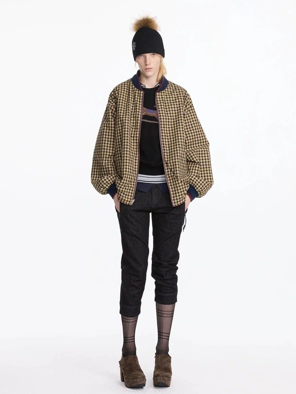LYUOCHENG Reversible Plaid Baseball Jacket In Khaki And Purple