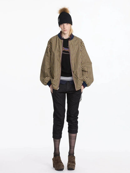 LYUOCHENG Reversible Plaid Baseball Jacket In Khaki And Purple