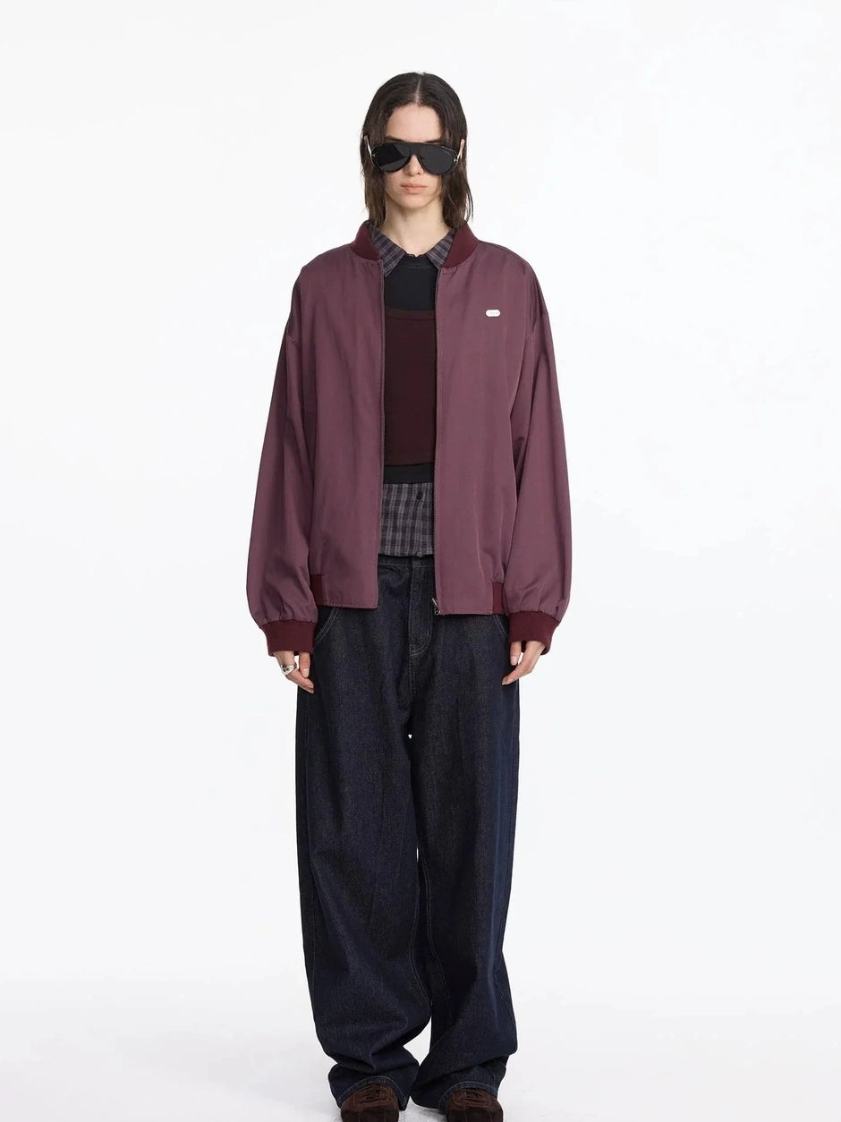 LYUOCHENG Reversible Plaid Baseball Jacket In Khaki And Purple
