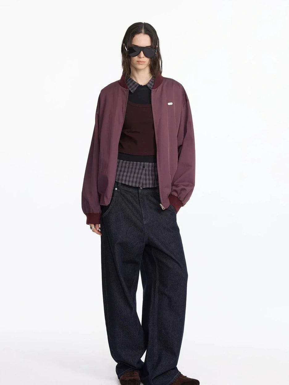 LYUOCHENG Reversible Plaid Baseball Jacket In Khaki And Purple