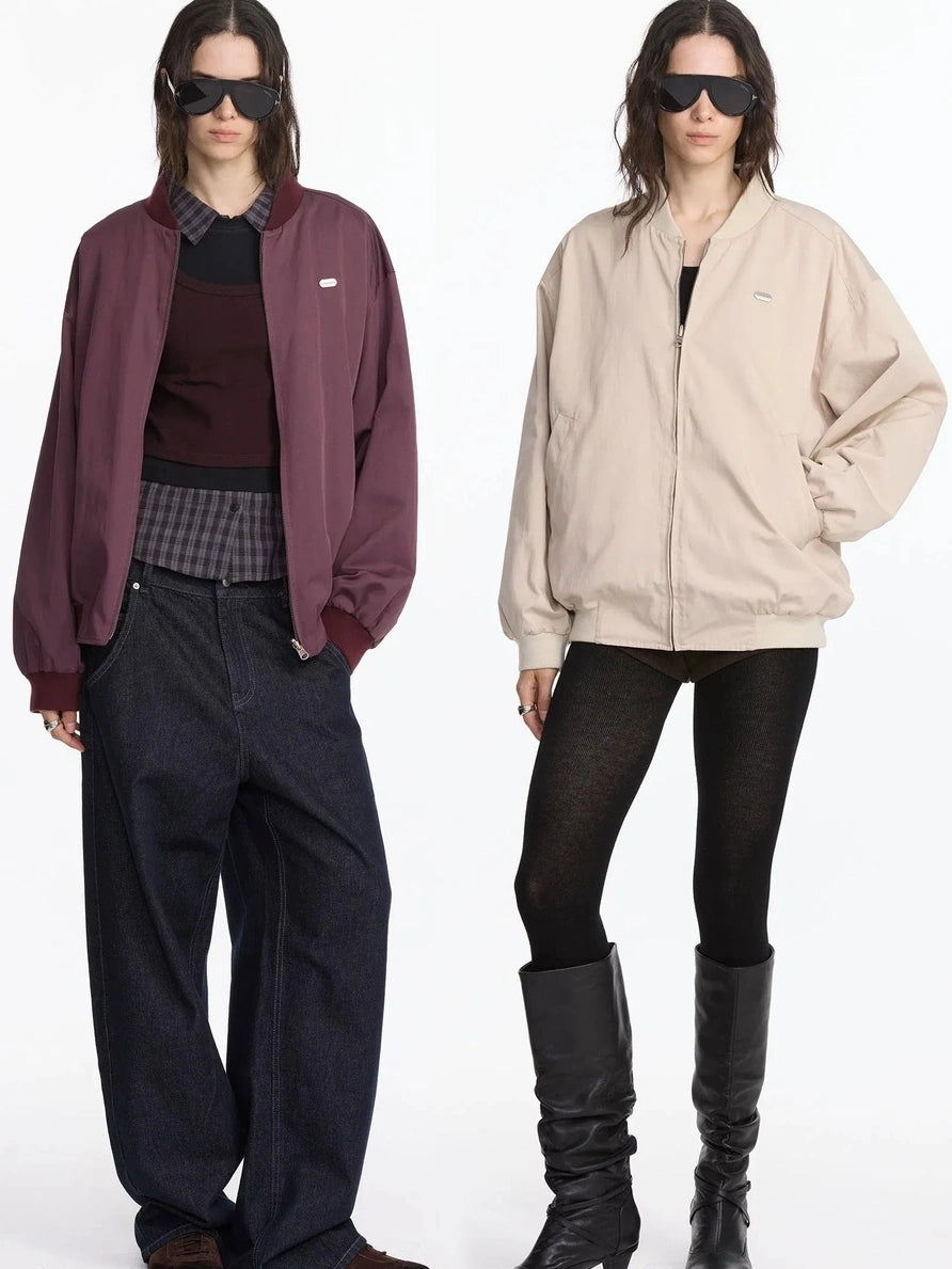 LYUOCHENG Reversible Plaid Baseball Jacket In Khaki And Purple