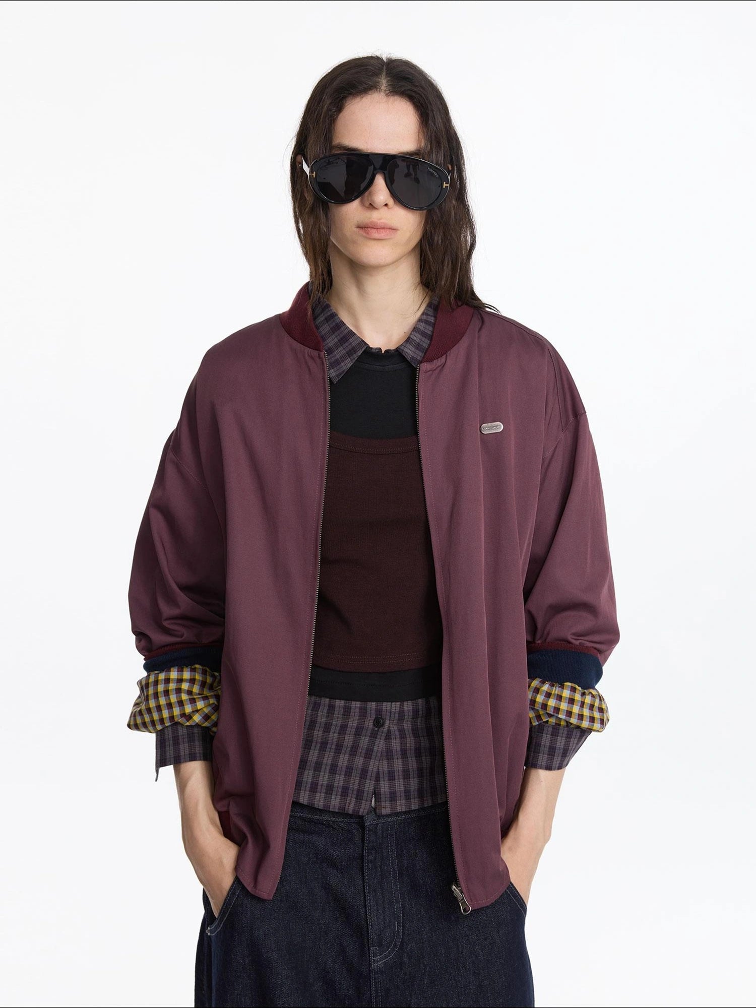 LYUOCHENG Reversible Plaid Bomber Jacket