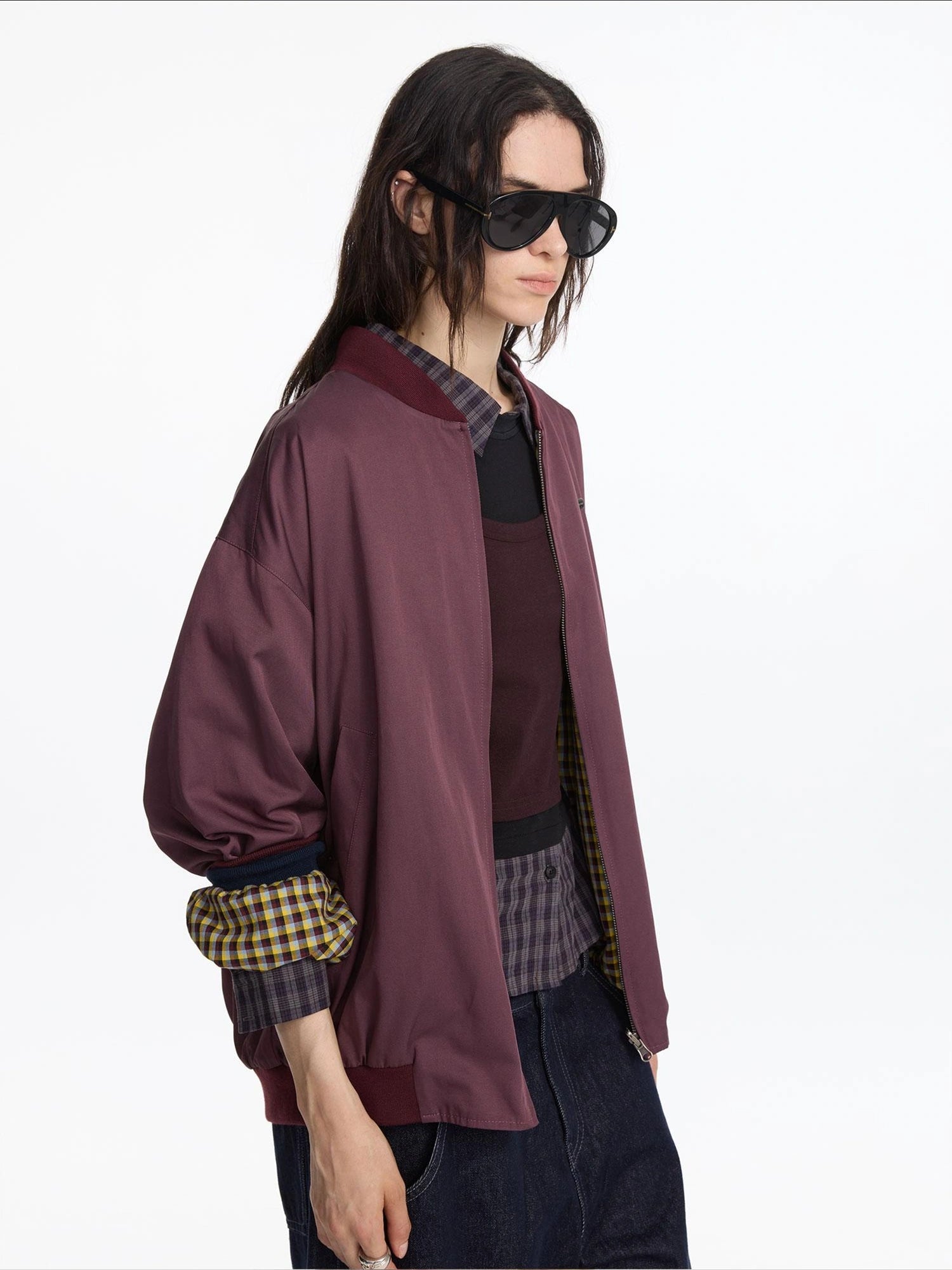 LYUOCHENG Reversible Plaid Bomber Jacket