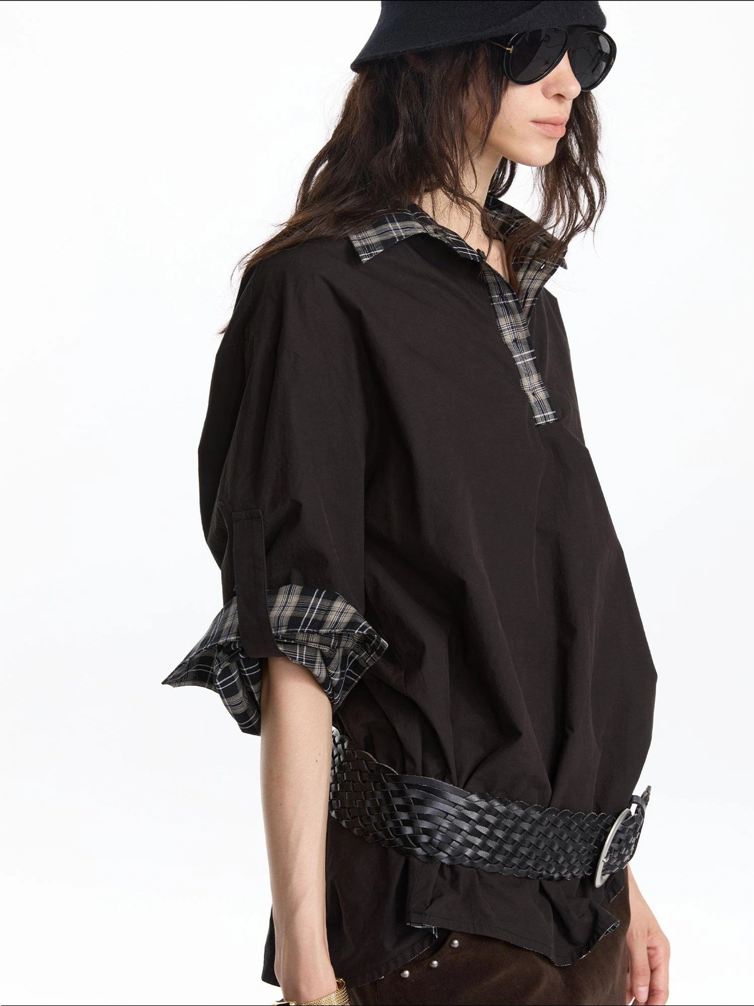 LYUOCHENG Reversible Plaid Shirt With Adjustable Waist In Black