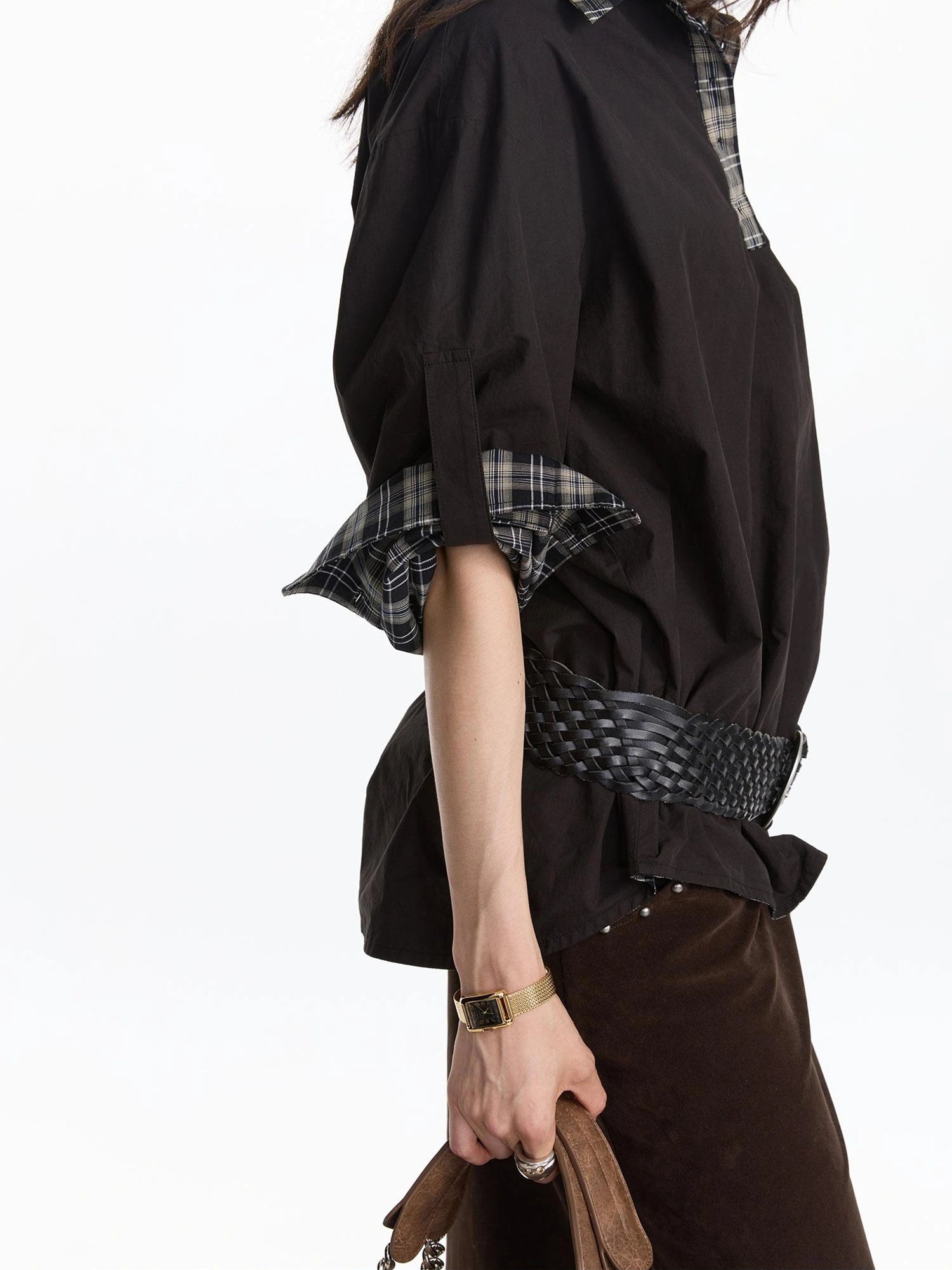 LYUOCHENG Reversible Plaid Shirt With Adjustable Waist In Black