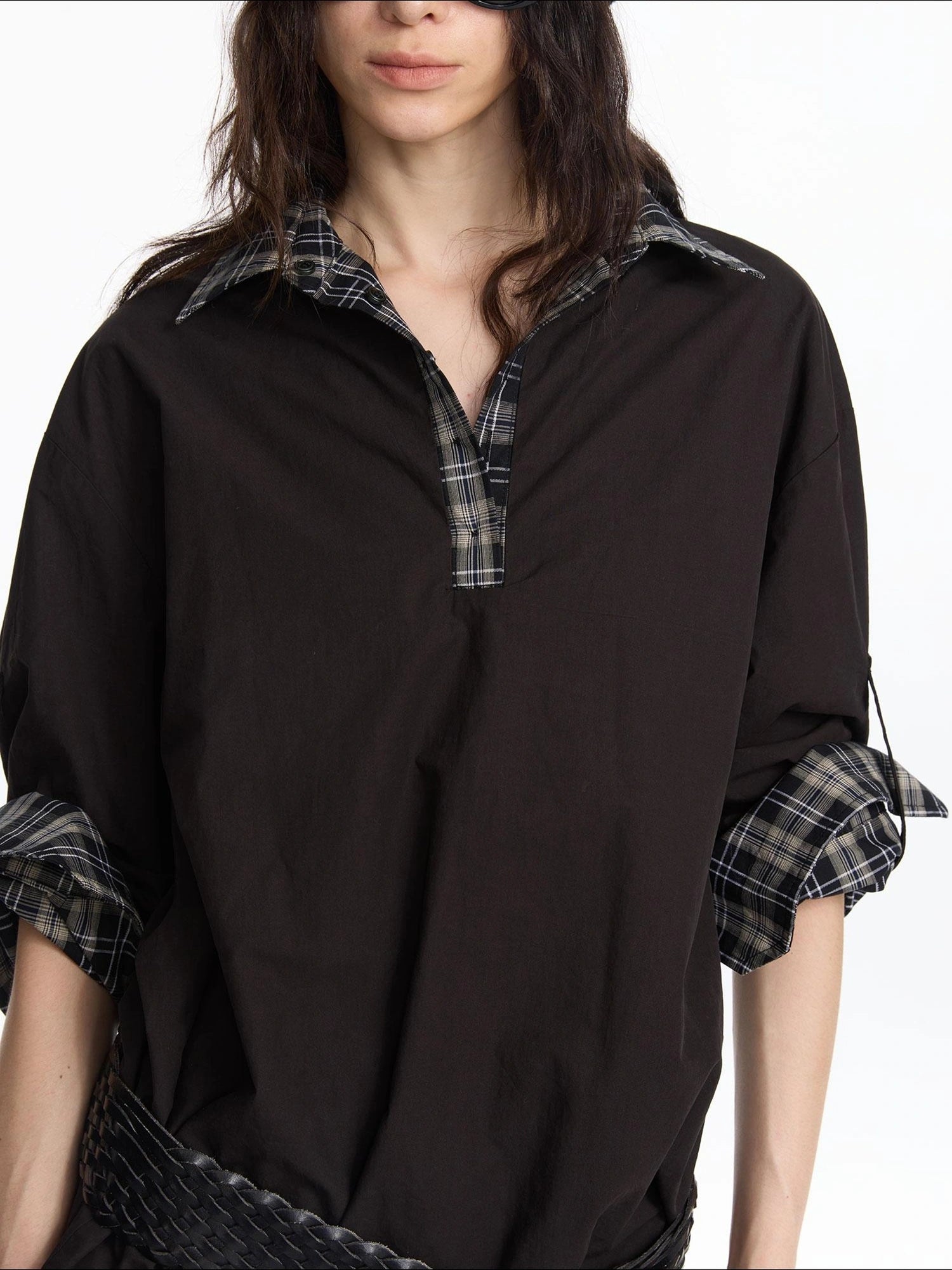 LYUOCHENG Reversible Plaid Shirt With Adjustable Waist In Black