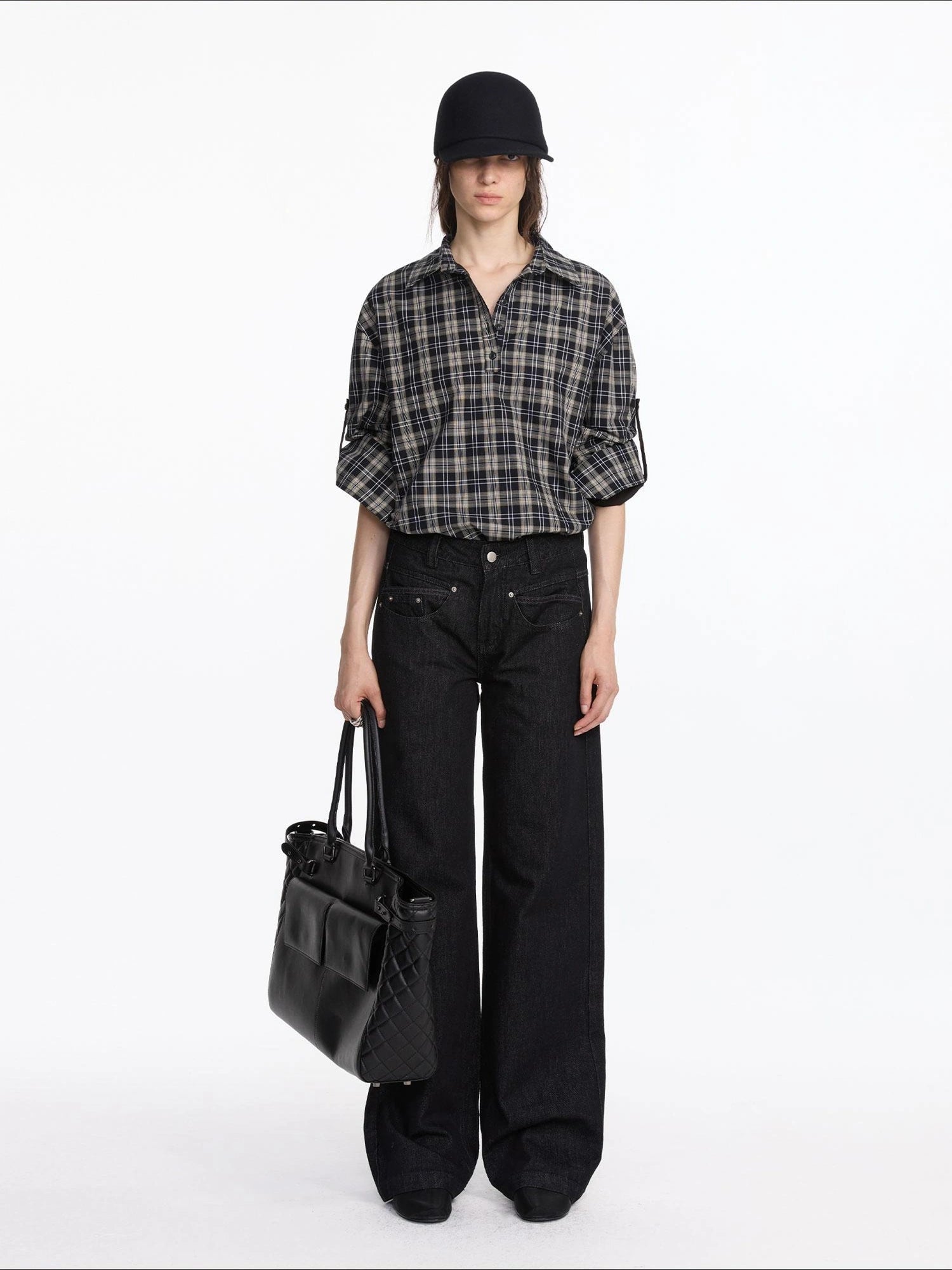 LYUOCHENG Reversible Plaid Shirt With Adjustable Waist In Black