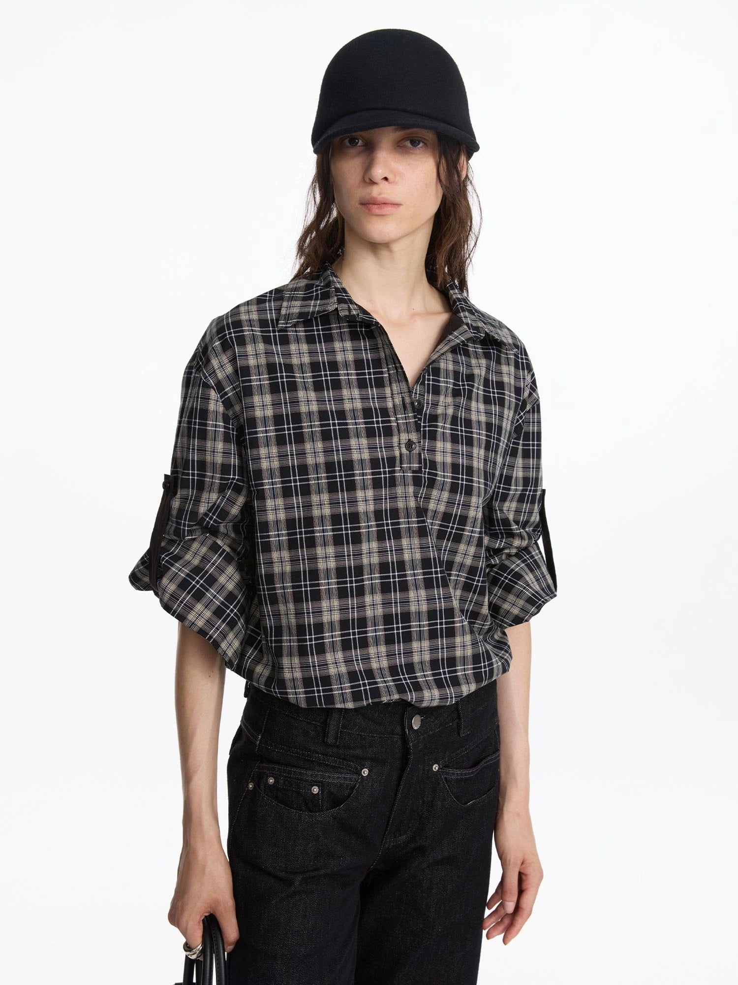 LYUOCHENG Reversible Plaid Shirt With Adjustable Waist In Black