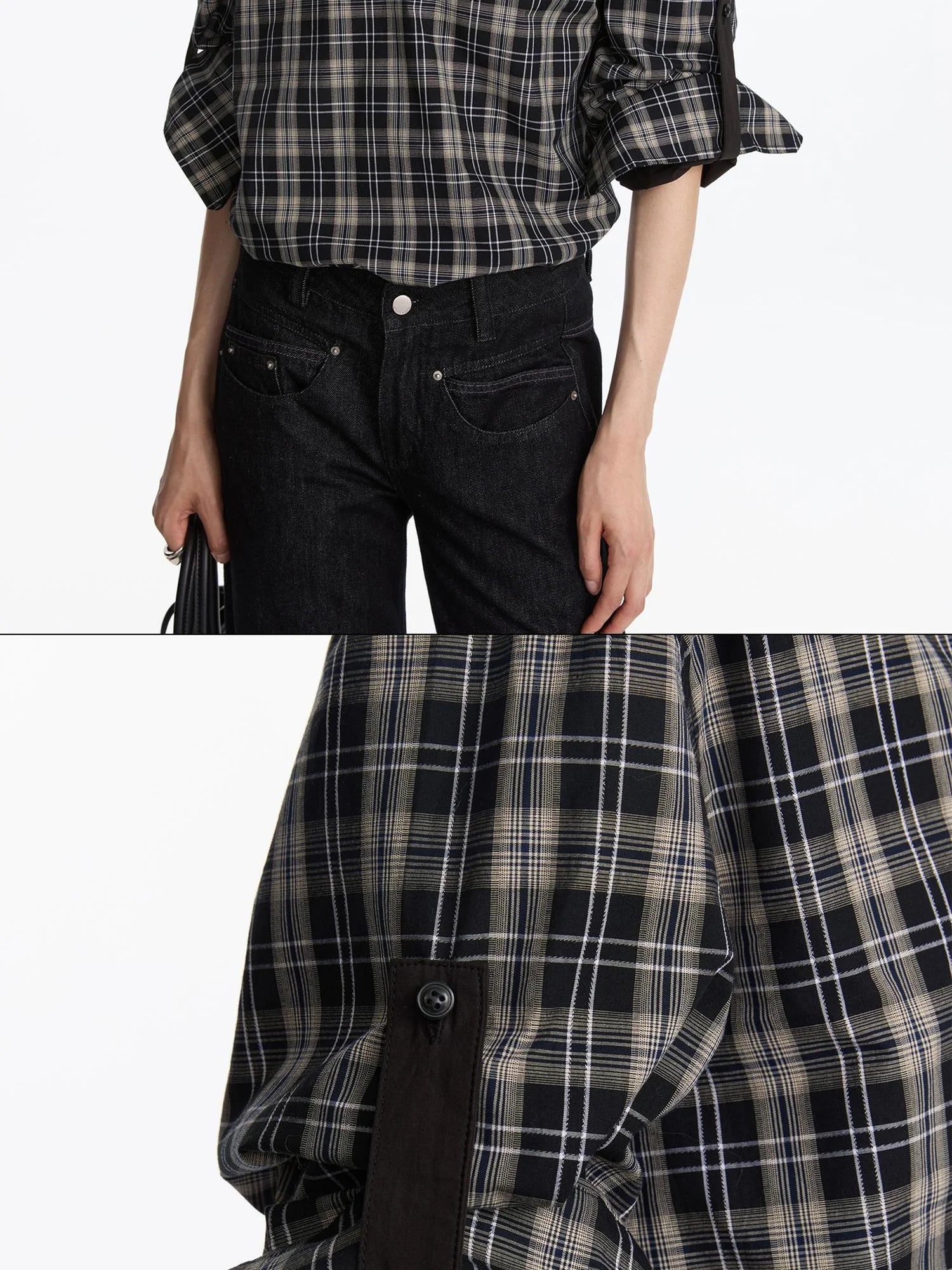LYUOCHENG Reversible Plaid Shirt With Adjustable Waist In Black