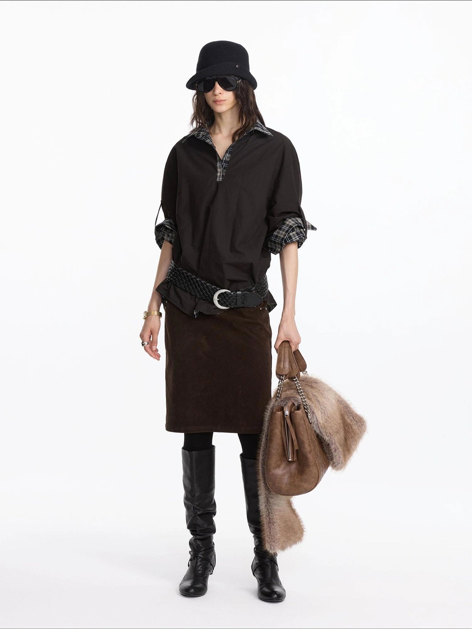 LYUOCHENG Reversible Plaid Shirt With Adjustable Waist In Black